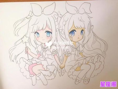 手绘12星座双子座女生Q版插画教程 萌系双子座女孩唯美风格绘制步骤